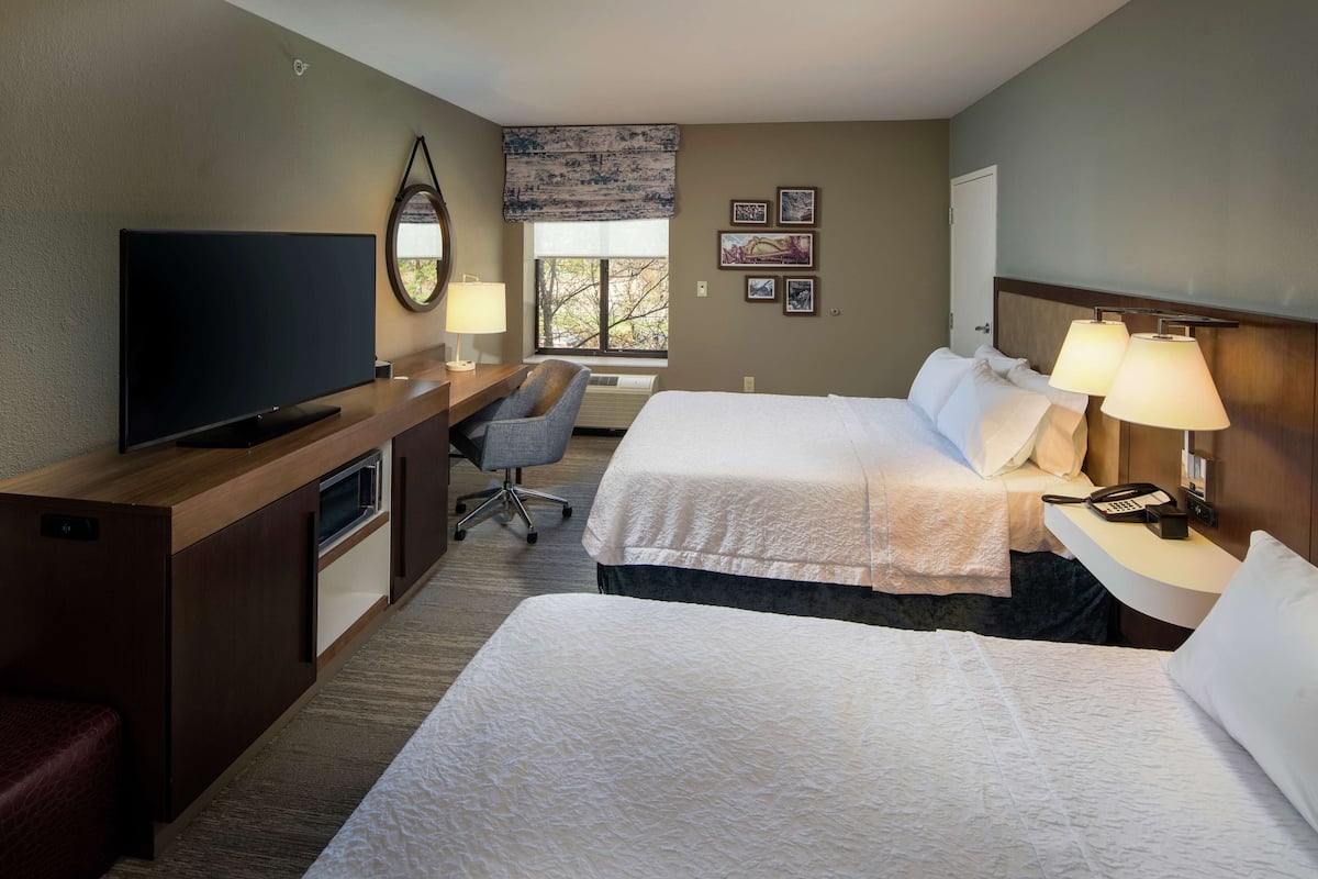 A hotel room with two beds, a desk with a flat-screen TV, a chair, and a window with a view of trees.