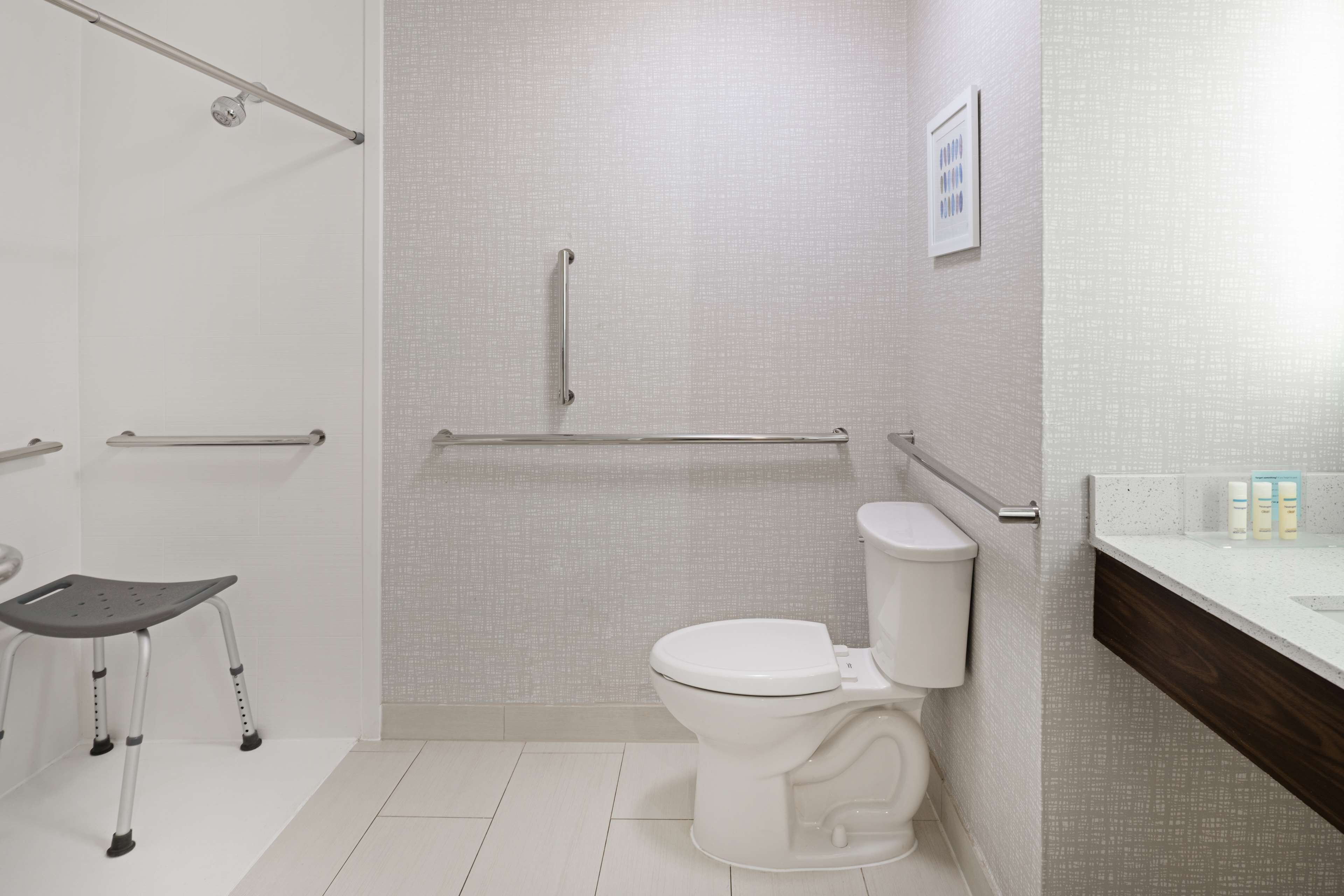 A bathroom with a white toilet, a shower area with a grab bar, and a grab bar near the toilet.