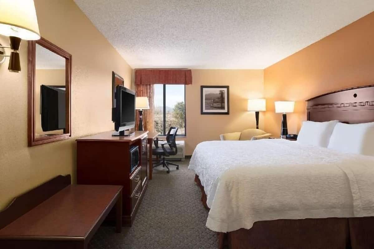 A hotel room with a bed, desk, chair, TV, and a window with a view.