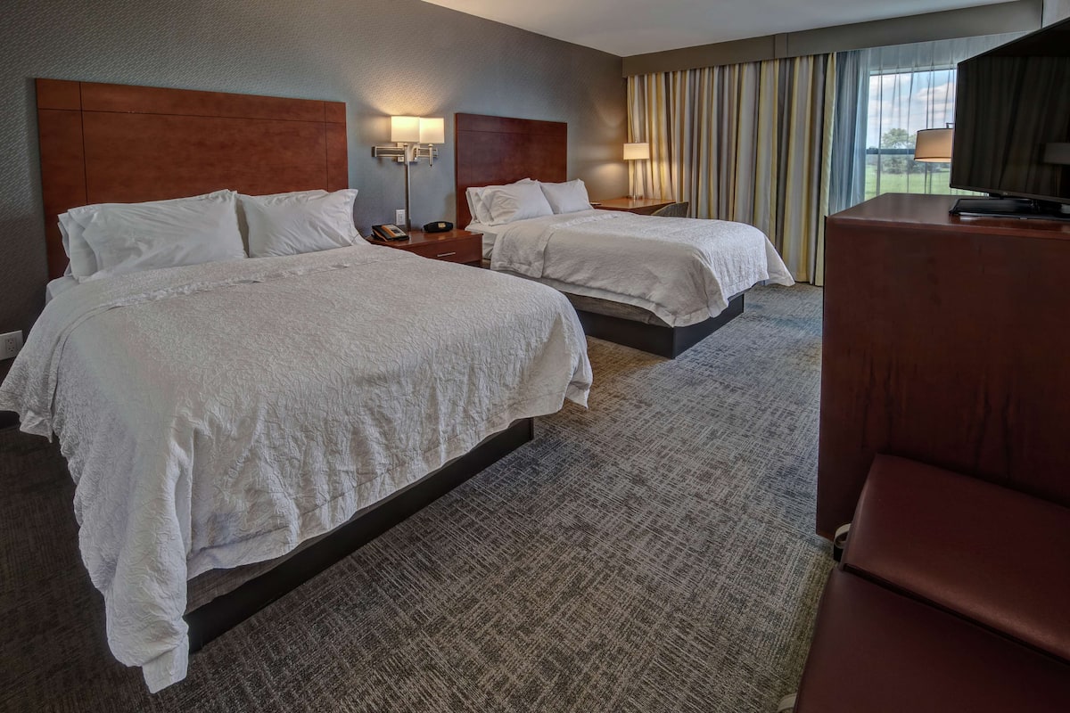 A hotel room with two beds, a desk, a TV, and a view of the outdoors.