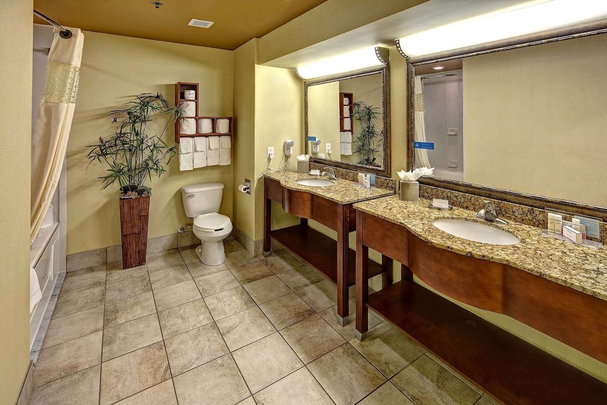 A bathroom with a toilet, two sinks, a large mirror, and a shower curtain.
