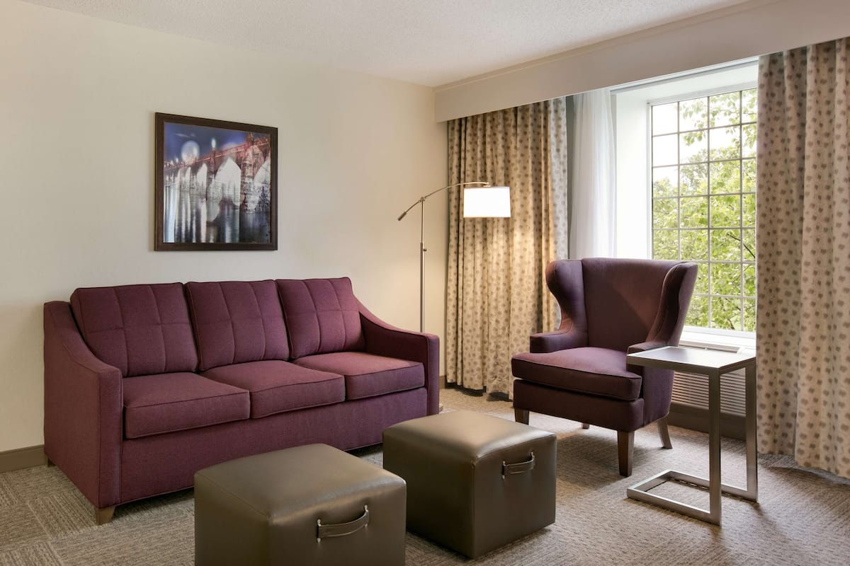 A hotel room with a sofa, armchair, ottoman, and a table.
