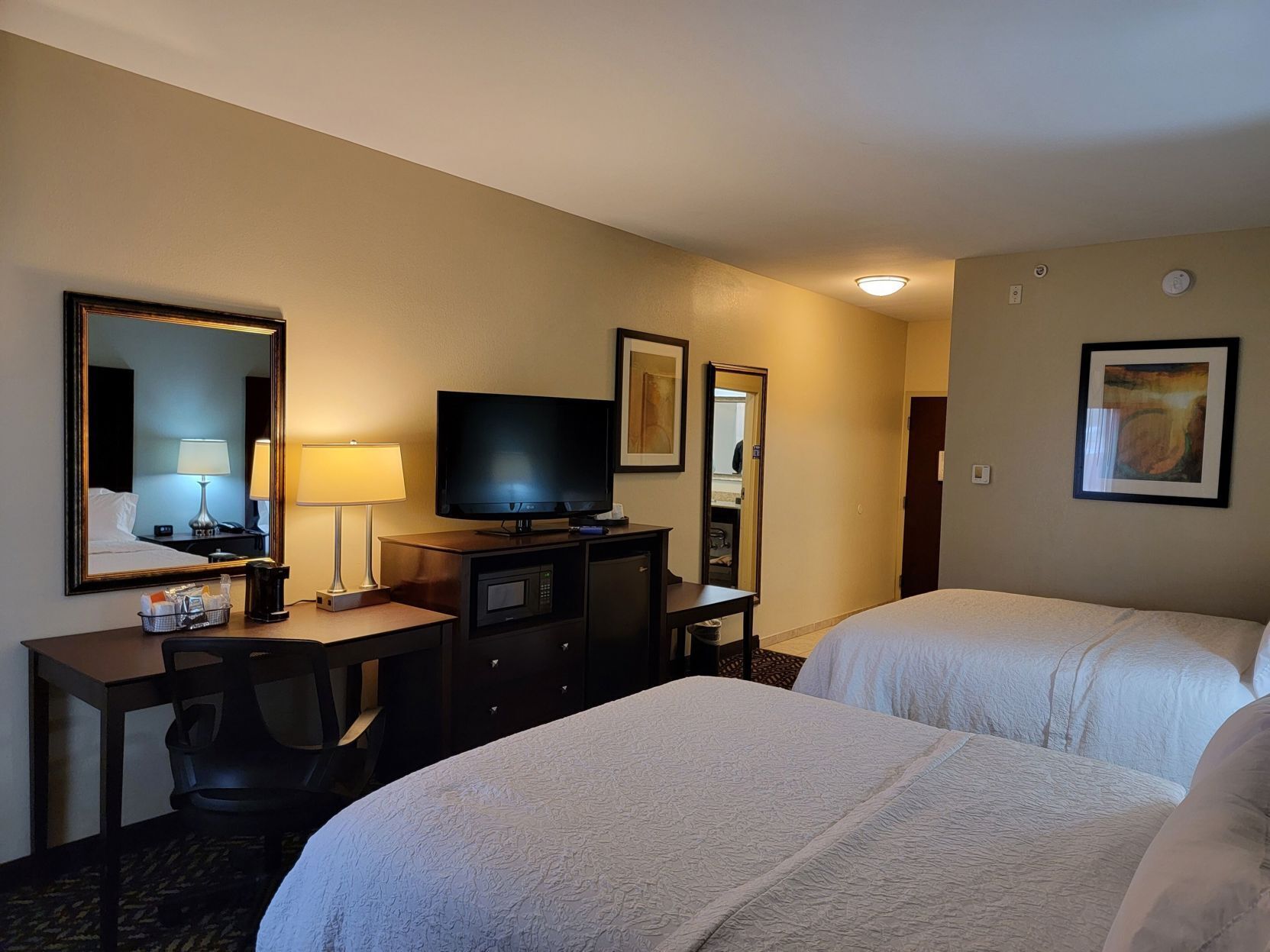 Desk, blackout drapes, soundproofing, iron/ironing board