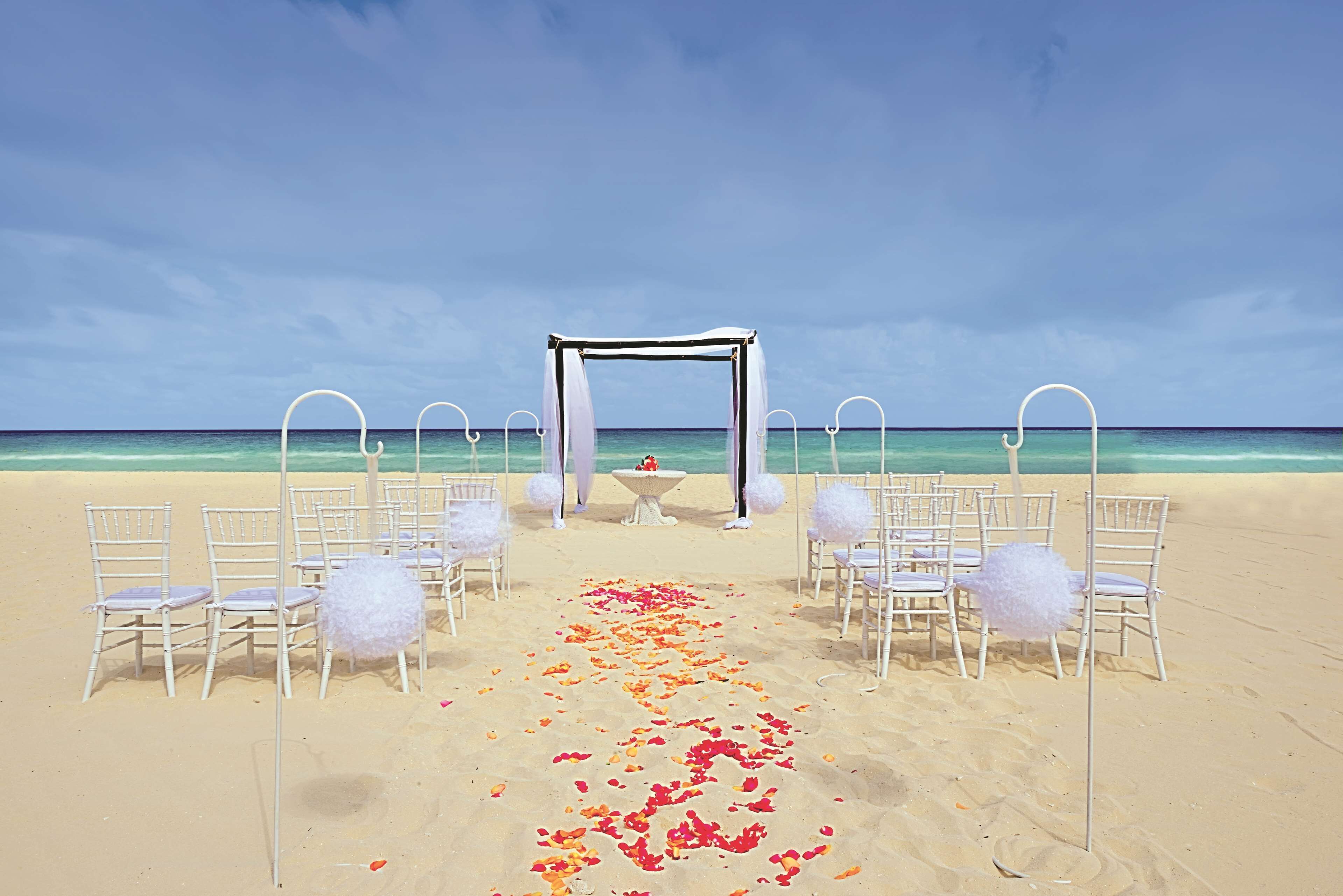 Decoració de casament a la platja, amb una arcada blanca i cadires disposades sobre la sorra.