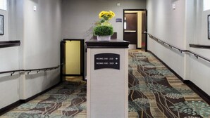 Ein Hotelkorridor mit Hinweisschildern für die Zimmer 2100-2321 und 3100-3329, einer kleinen Topfpflanze und einem Teppichboden.