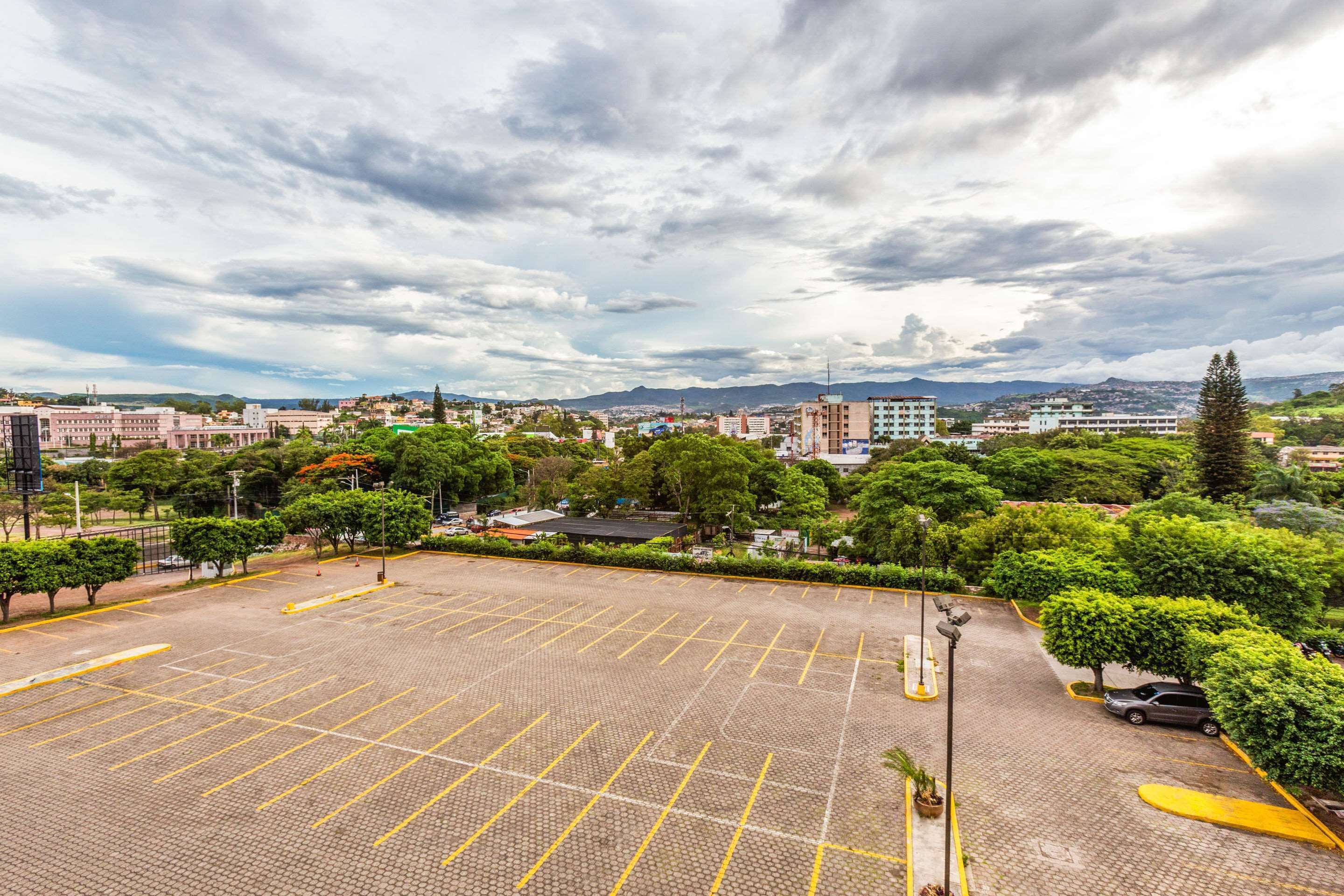 Un estacionamiento con espacios delimitados, rodeado de árboles y edificios.