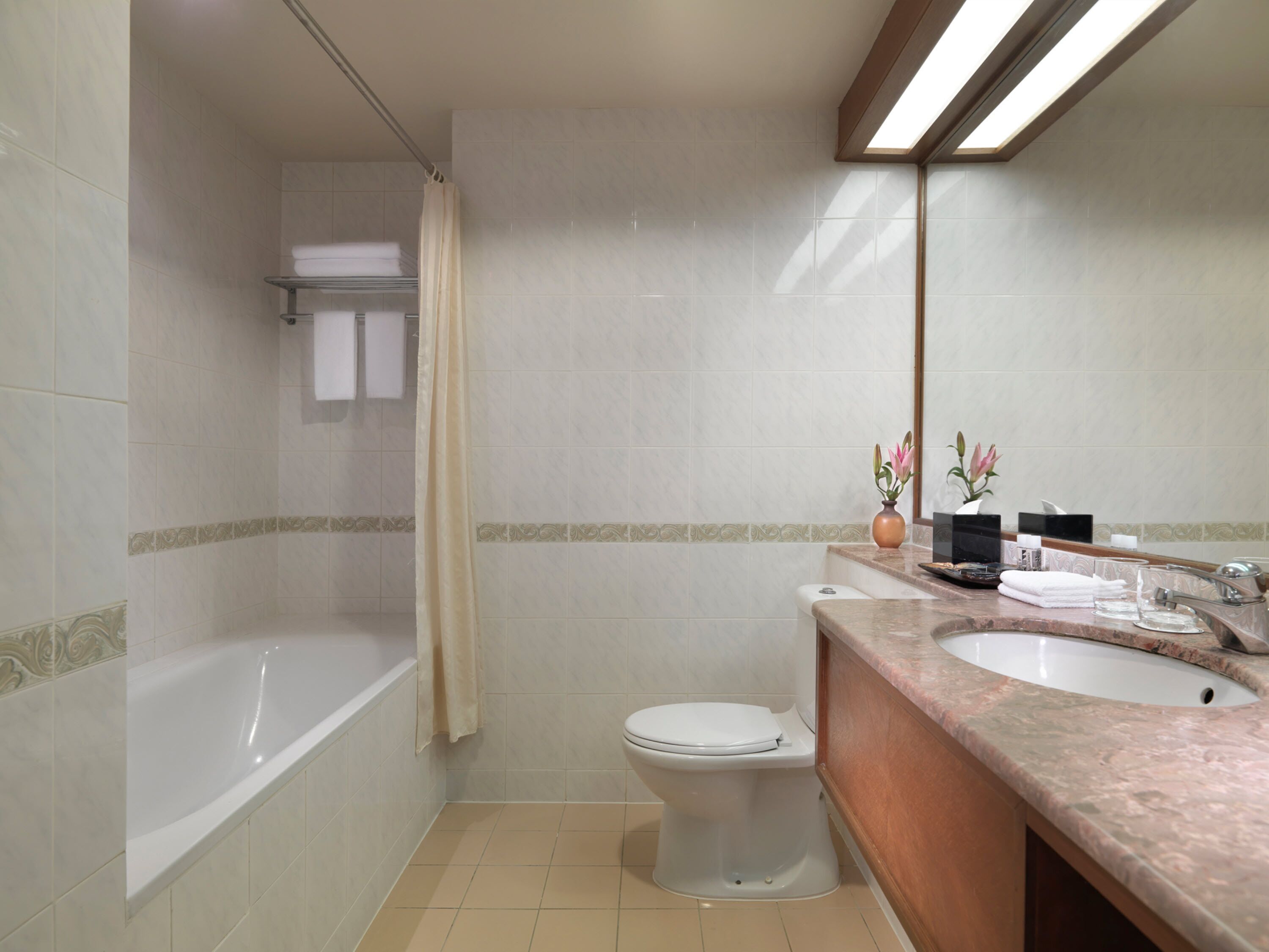 A bathroom with a bathtub, toilet, and two sinks.