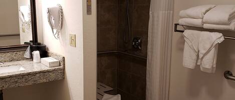 Un baño con lavamanos, espejo, secador de pelo, ducha e inodoro.