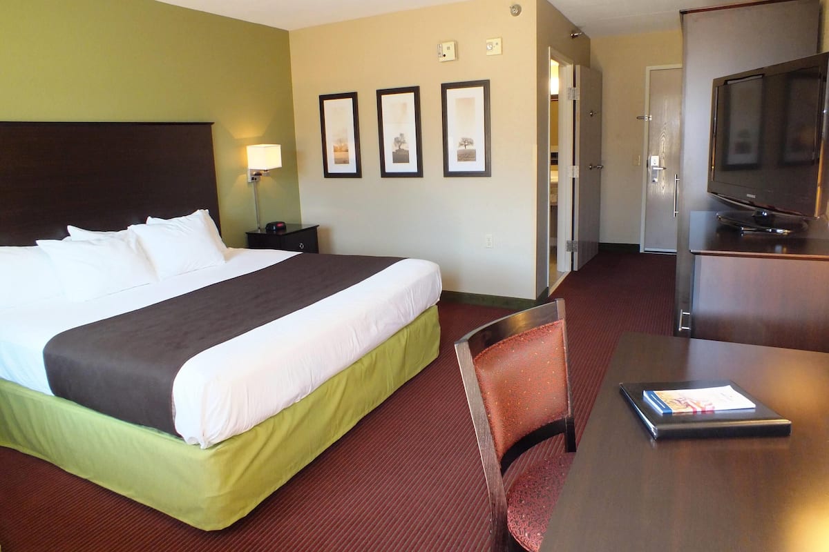 A hotel room with a bed, a desk, a chair, a television, and framed pictures on the wall.