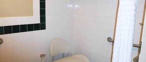 Une salle de bain avec une douche, des toilettes et un petit lavabo.
