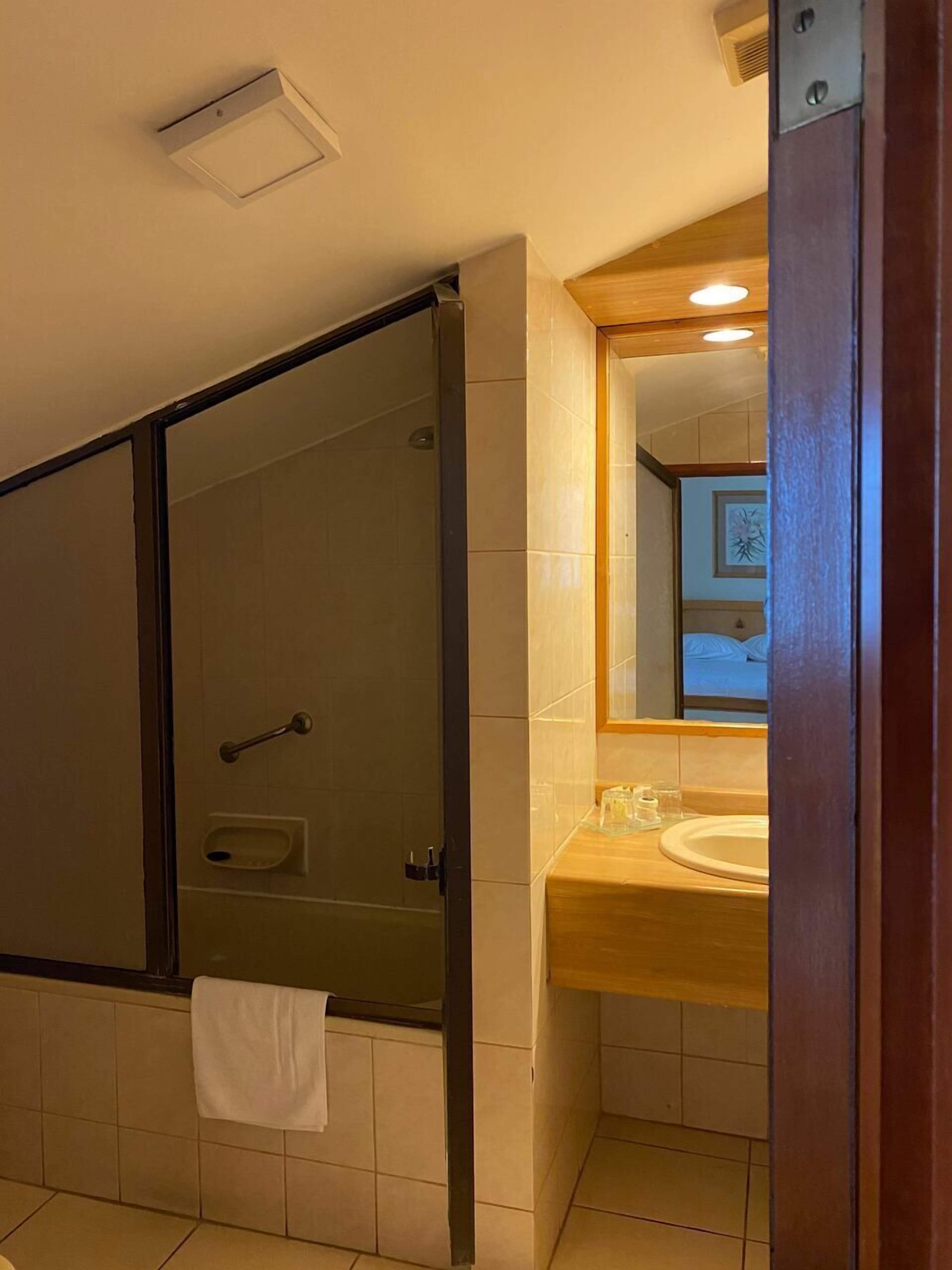 Un baño con ducha envuelta en vidrio, un lavabo y un espejo.