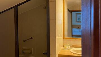Une salle de bain avec une douche à parois de verre, un lavabo et un miroir.