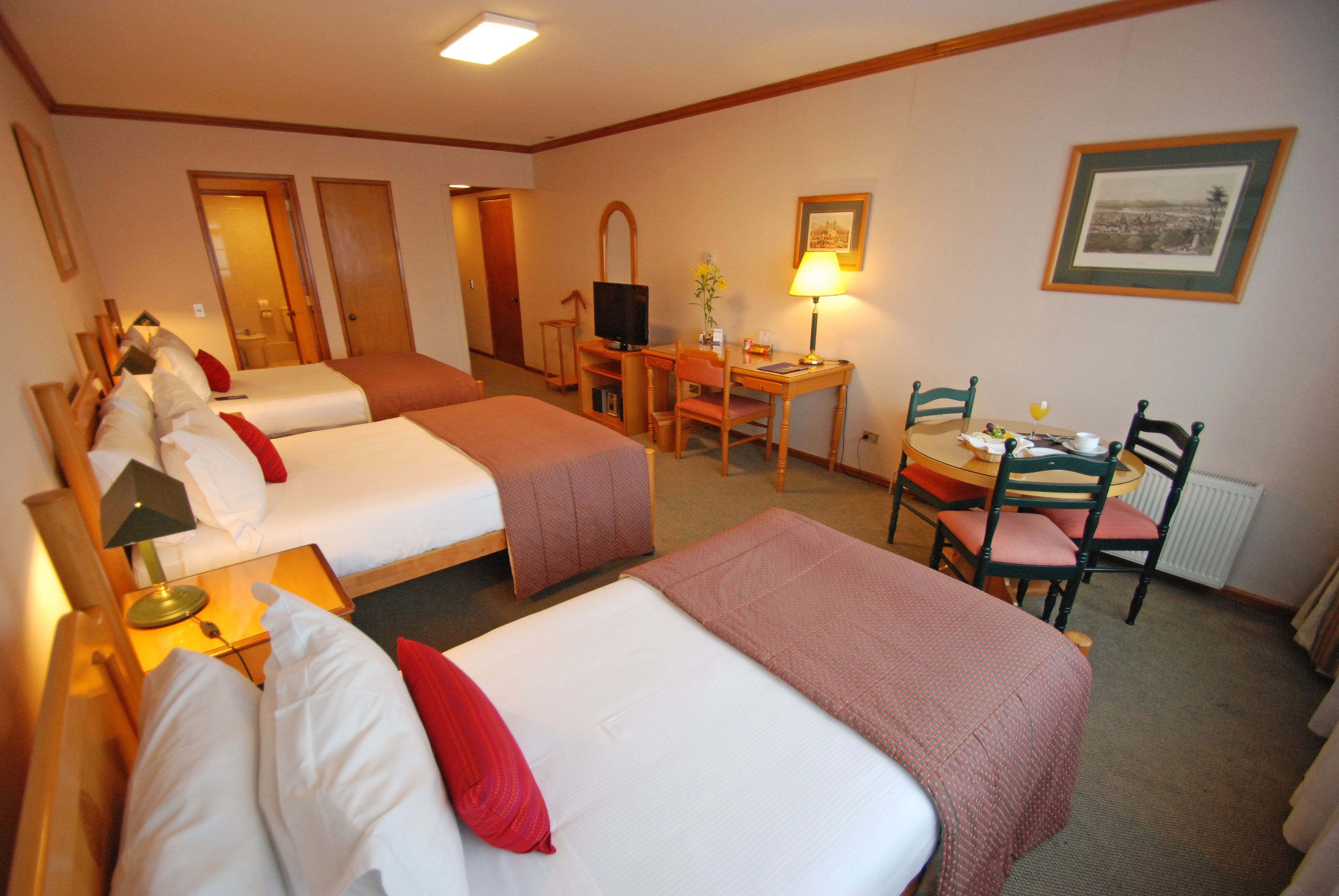 Een hotelkamer met twee bedden, een bureau met stoel, een televisie en een lijst aan de muur.
