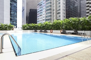 Outdoor pool, open 8:00 AM to 8:00 PM, pool umbrellas, sun loungers