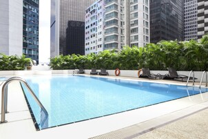 Outdoor pool, open 8:00 AM to 8:00 PM, pool umbrellas, pool loungers