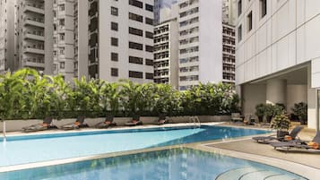 Outdoor pool, open 8:00 AM to 8:00 PM, pool umbrellas, sun loungers