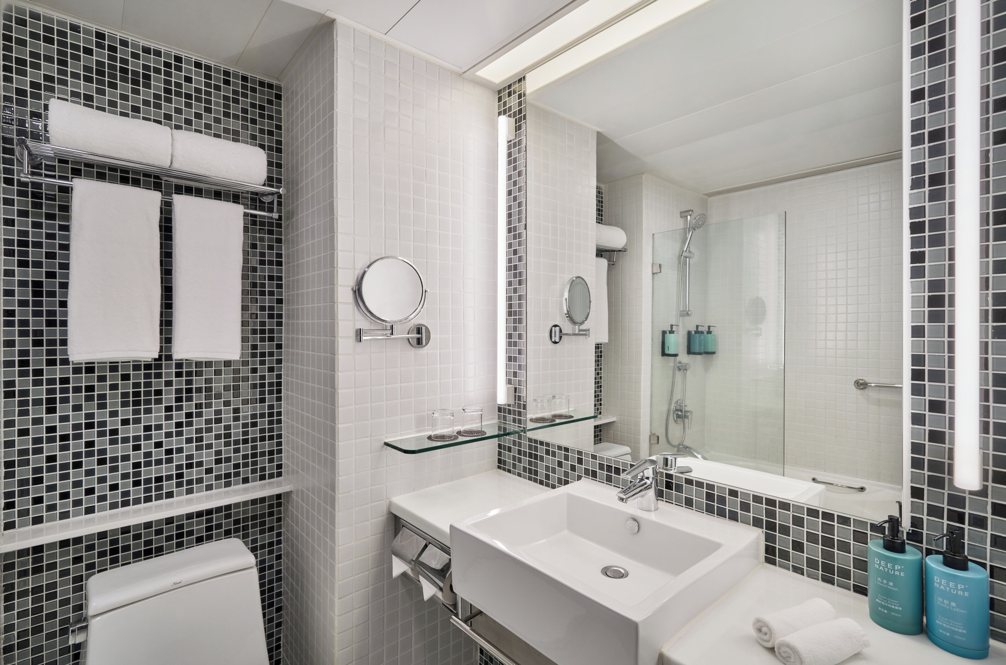 eco-friendly toiletries, hair dryer, slippers, towels