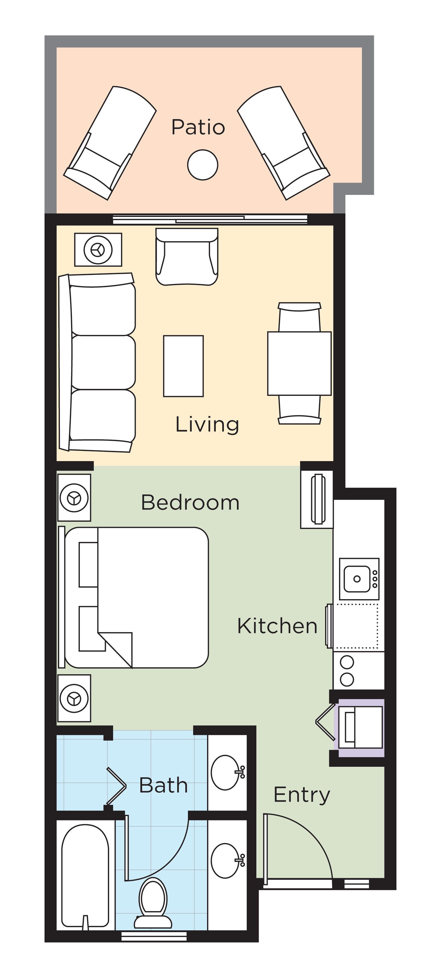 A floor plan of a house with a patio, living room, bedroom, kitchen, bathroom, and entry.
