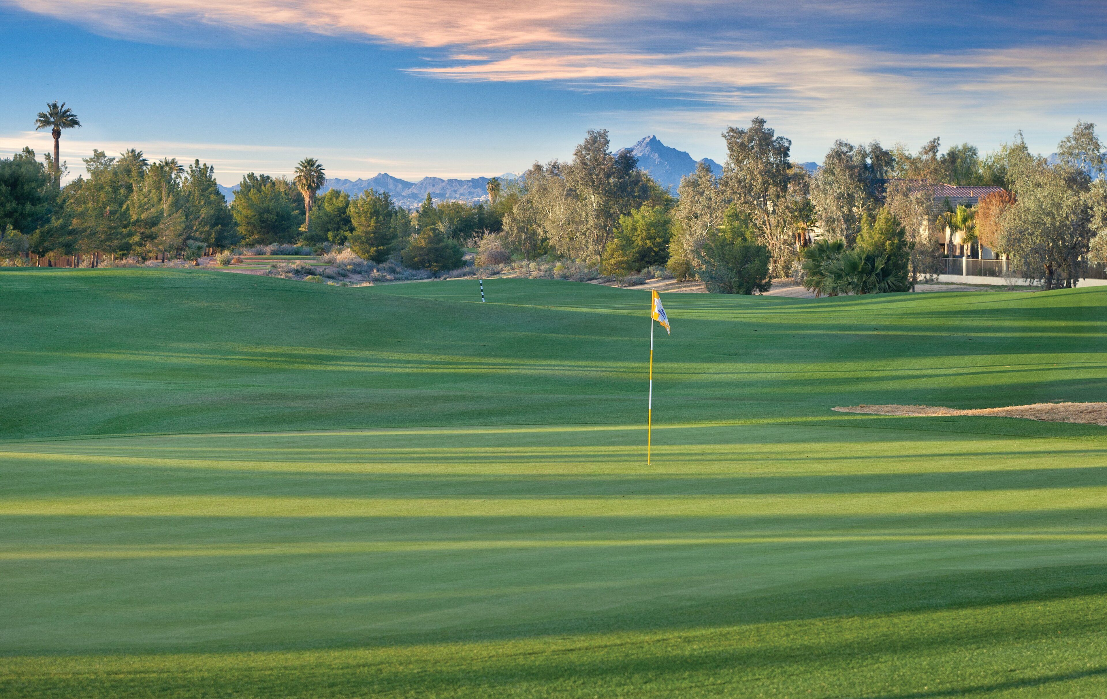 A golf course with a flag, trees, and mountains in the background.