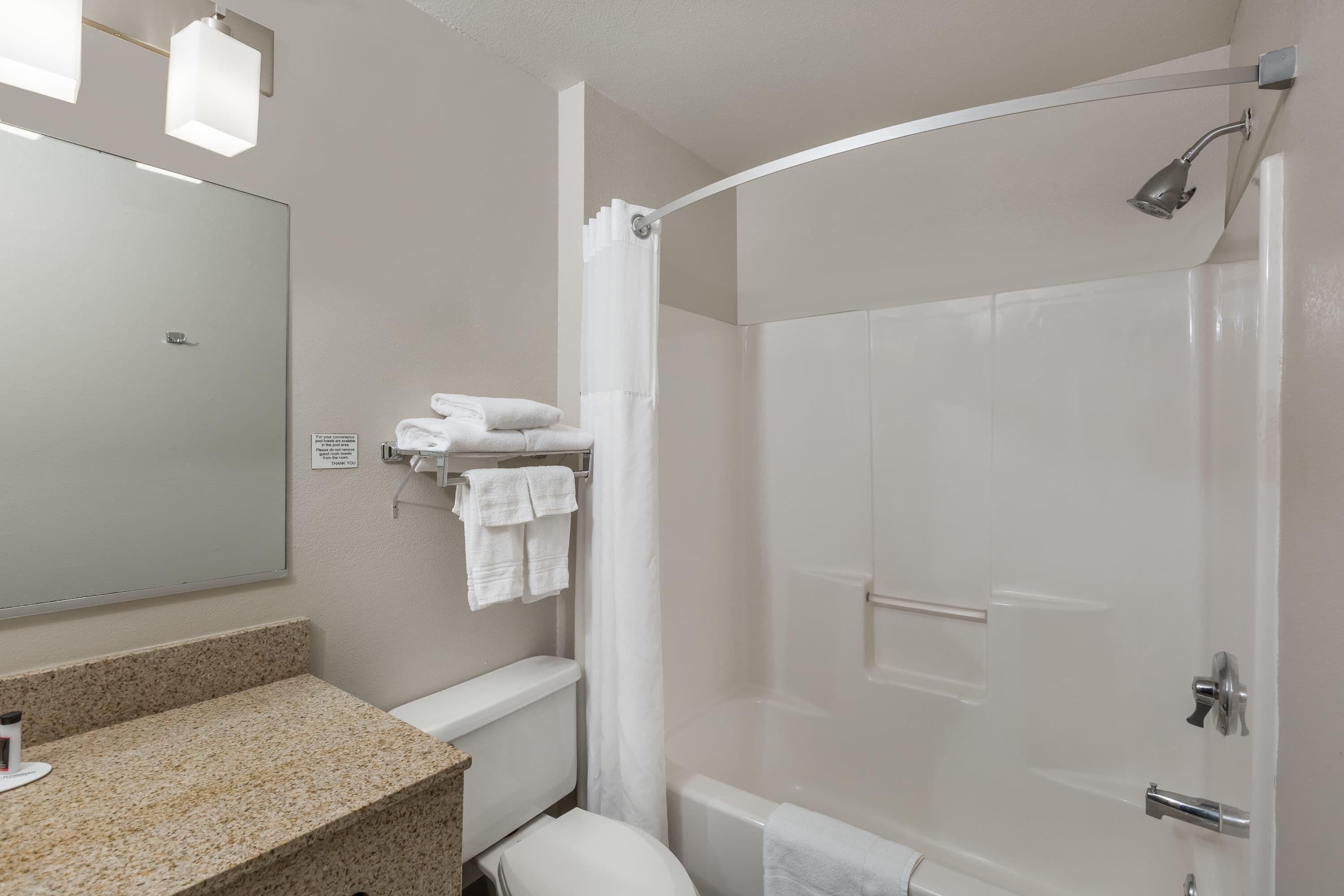 A modern bathroom with a shower, toilet, and sink.