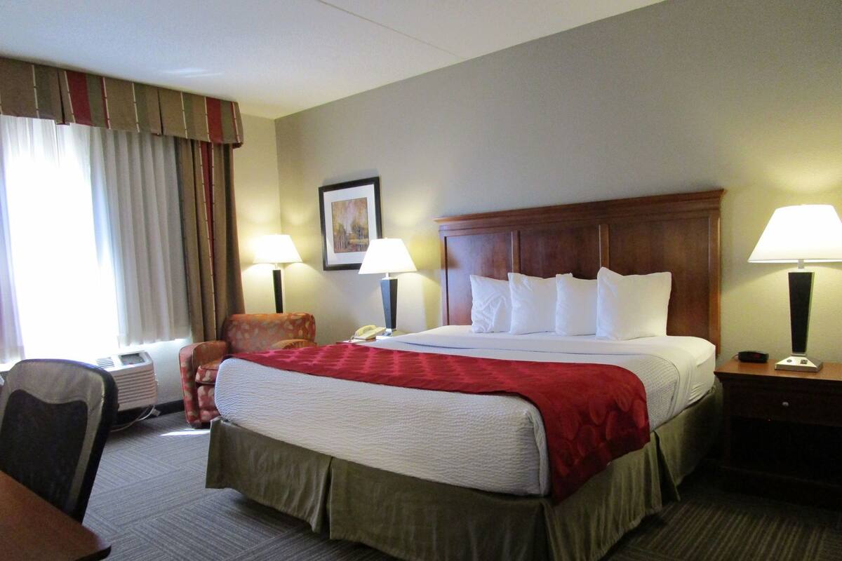 Une chambre d’hôtel avec un grand lit, deux lampes de chevet, une chaise, un bureau et un tableau encadré au mur.