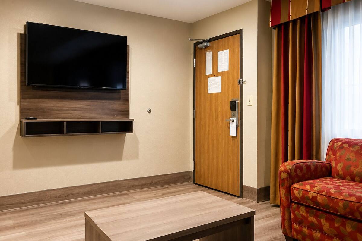 Une chambre d’hôtel dotée d’un téléviseur à écran plat fixé au mur, d’une porte en bois avec une serrure, d’un canapé rouge à motifs et d’une table basse en bois.