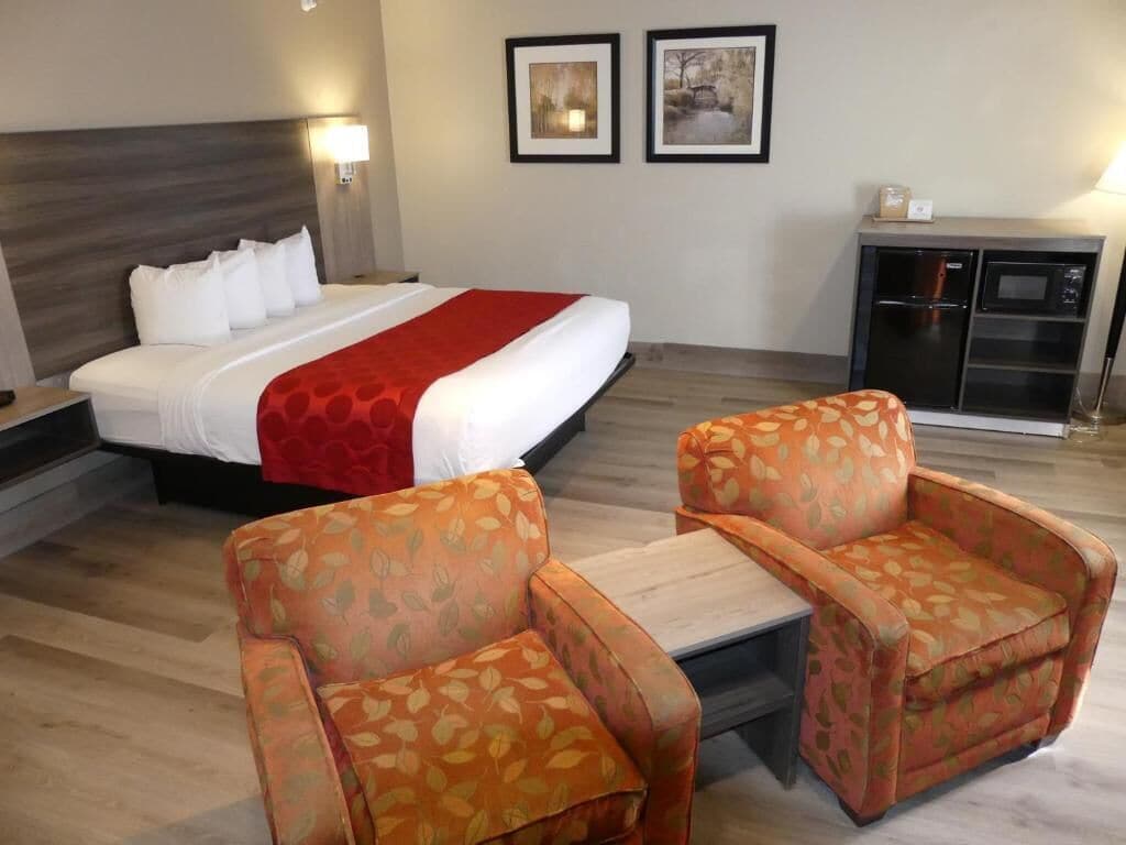 Ein Hotelzimmer mit einem Bett, zwei Sesseln, einem kleinen Tisch, einem Nachttisch, einer Wandlampe, einer Mikrowelle und einem Kühlschrank.