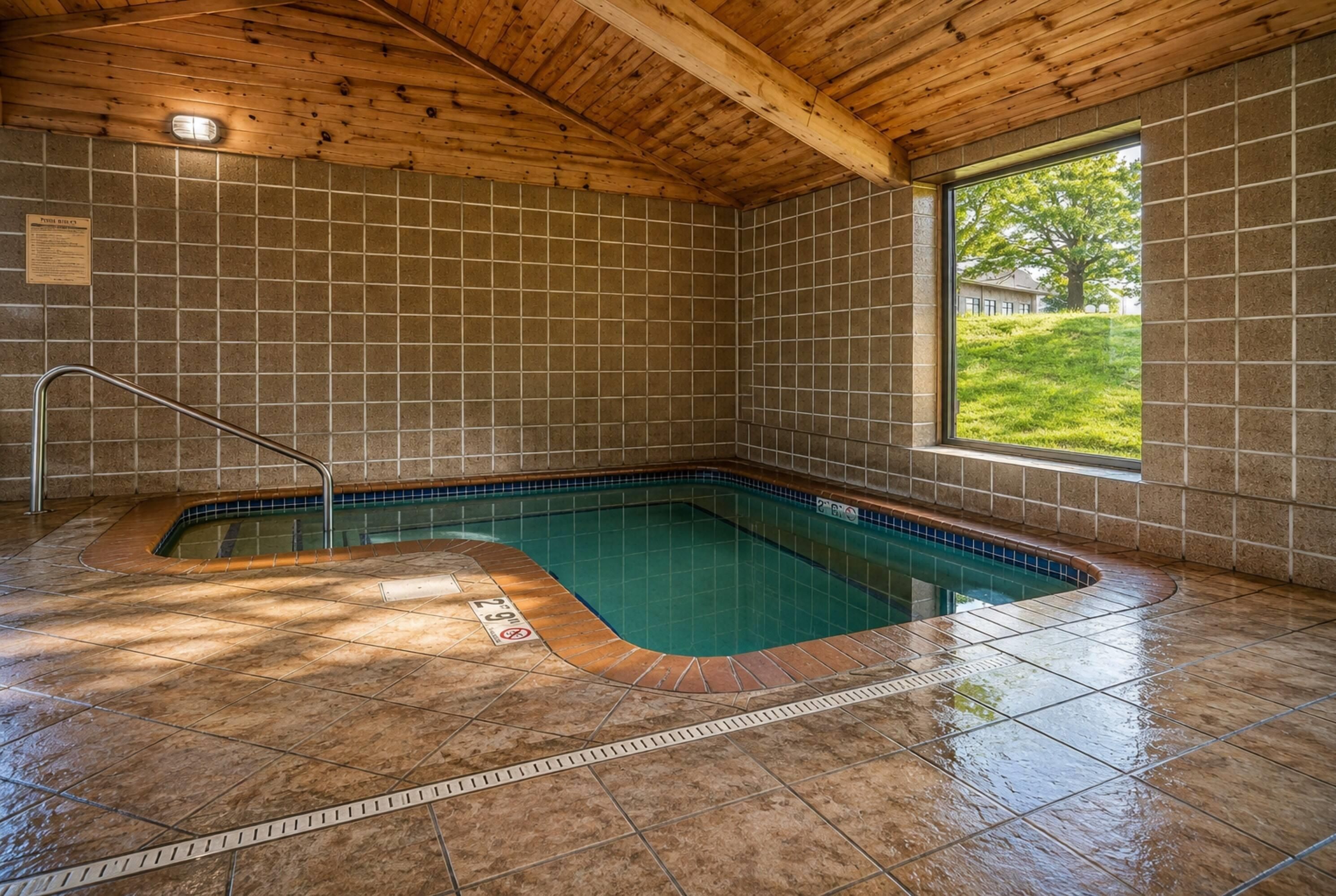 Una piscina con techo de madera y paredes de azulejos.