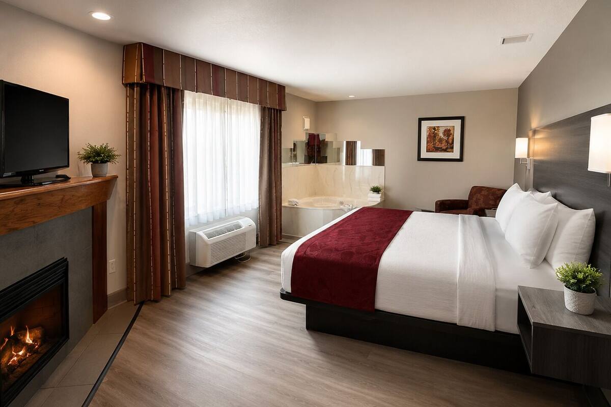 Une chambre d’hôtel avec un lit, une télévision, une cheminée, une salle de bain et un tableau au mur.