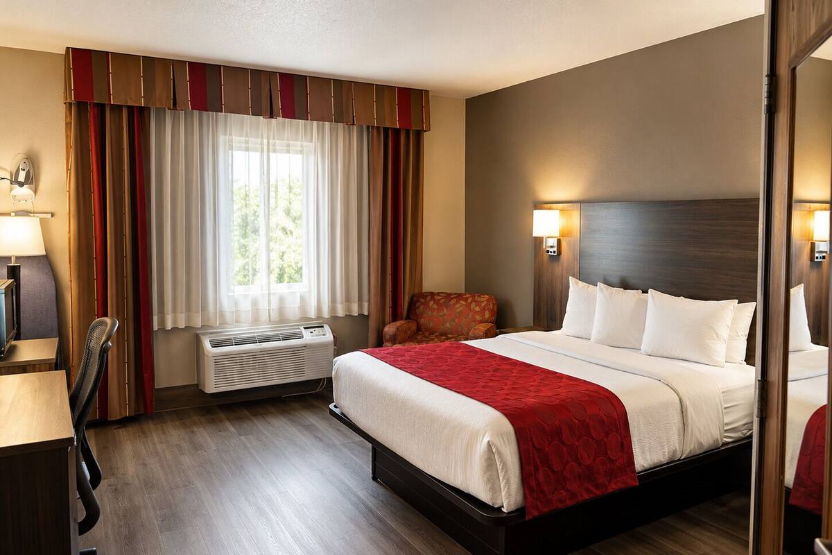 Une chambre d’hôtel équipée d’un lit, d’un bureau, d’une chaise, d’une fenêtre avec des rideaux, d’un climatiseur et de lampes fixées au mur.
