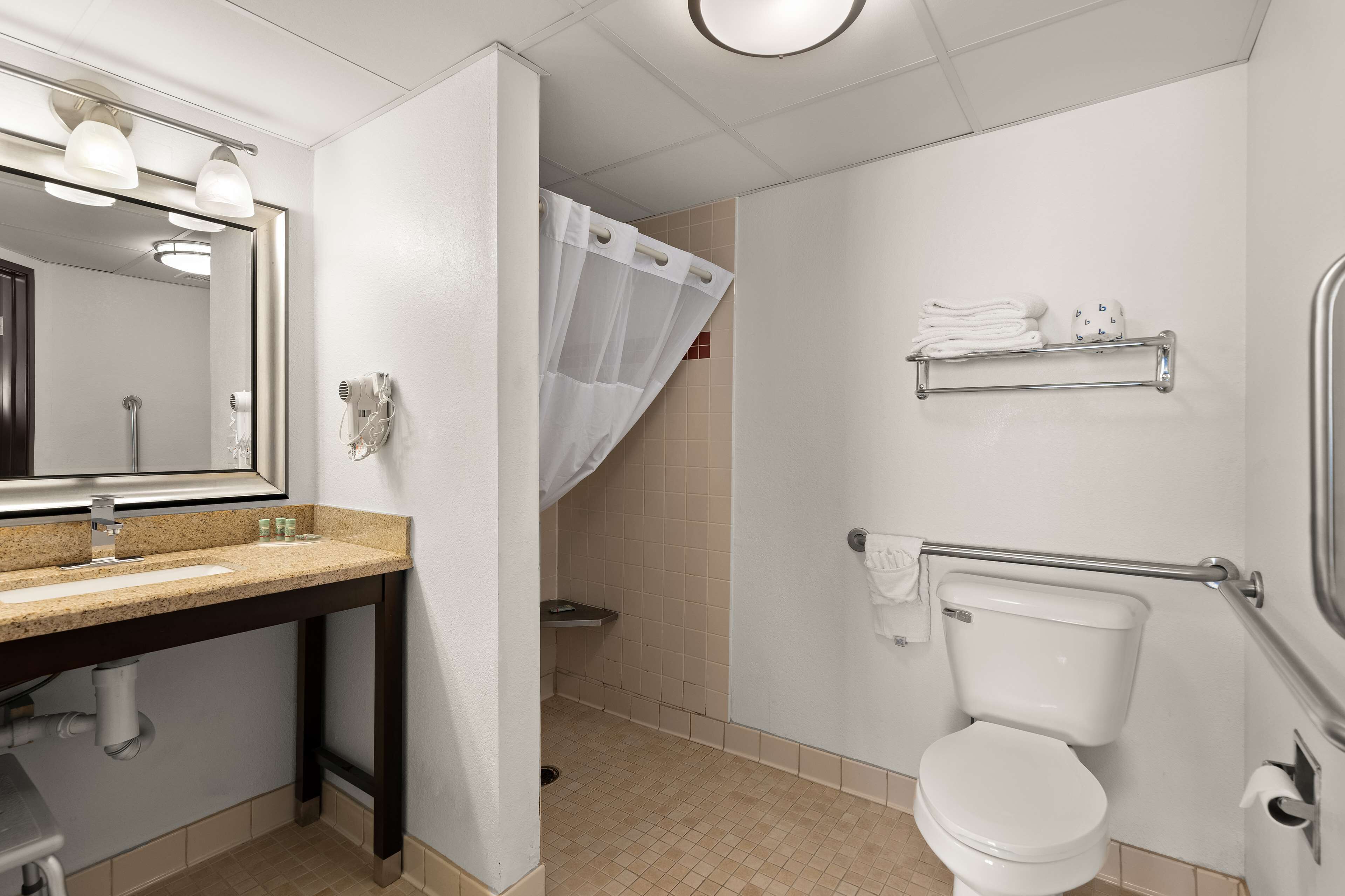 standard room, 1 queen bed, accessible, refrigerator & microwave | bathroom | combined shower/bathtub, free toiletries, hair dryer, towels