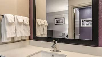 Un baño con un lavamanos blanco, un espejo y dos cuadros enmarcados en la pared.