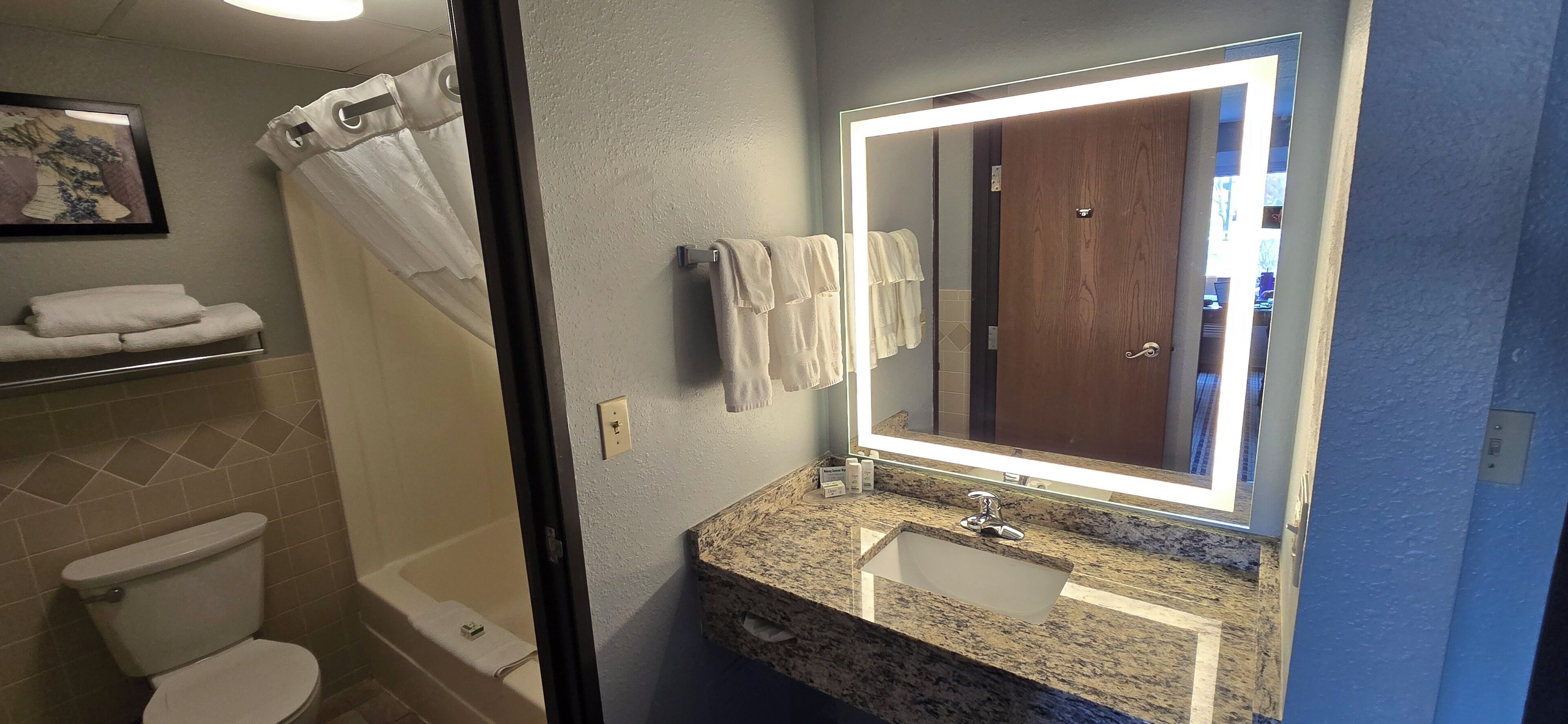 free toiletries, hair dryer, towels