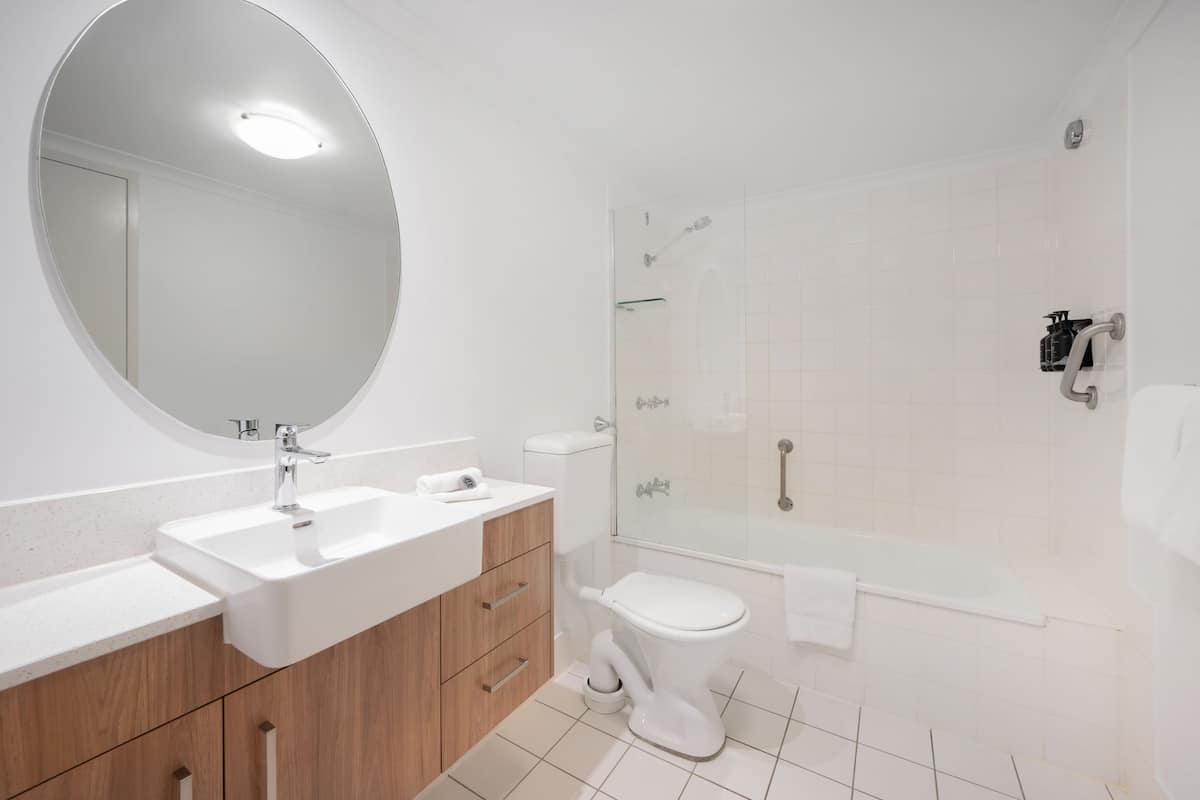 Combined shower/bathtub, deep-soaking bathtub, hair dryer, towels