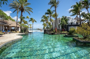 2 outdoor pools, pool umbrellas, pool loungers