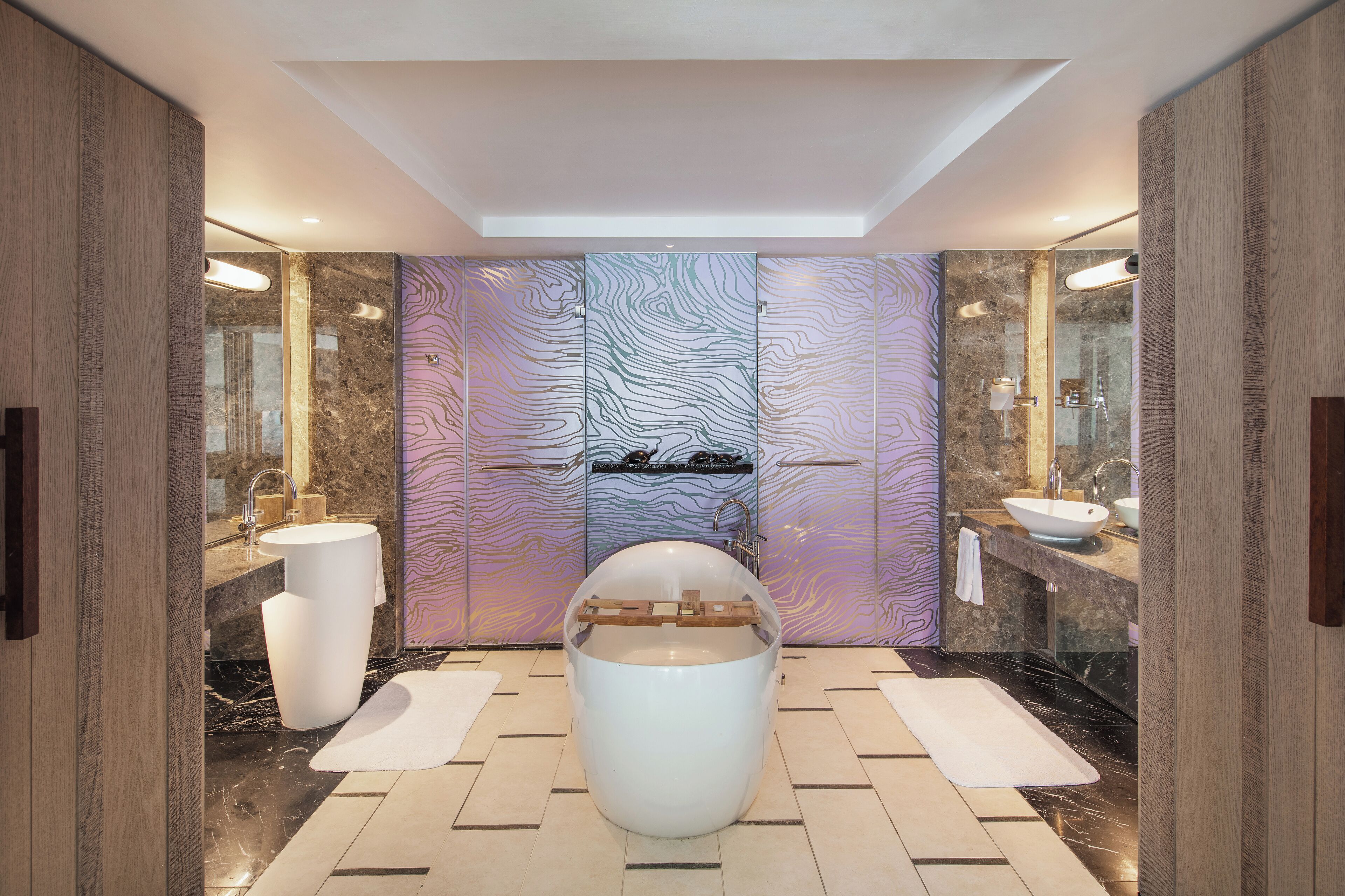 separate bathtub and shower, deep-soaking bathtub, rainfall showerhead