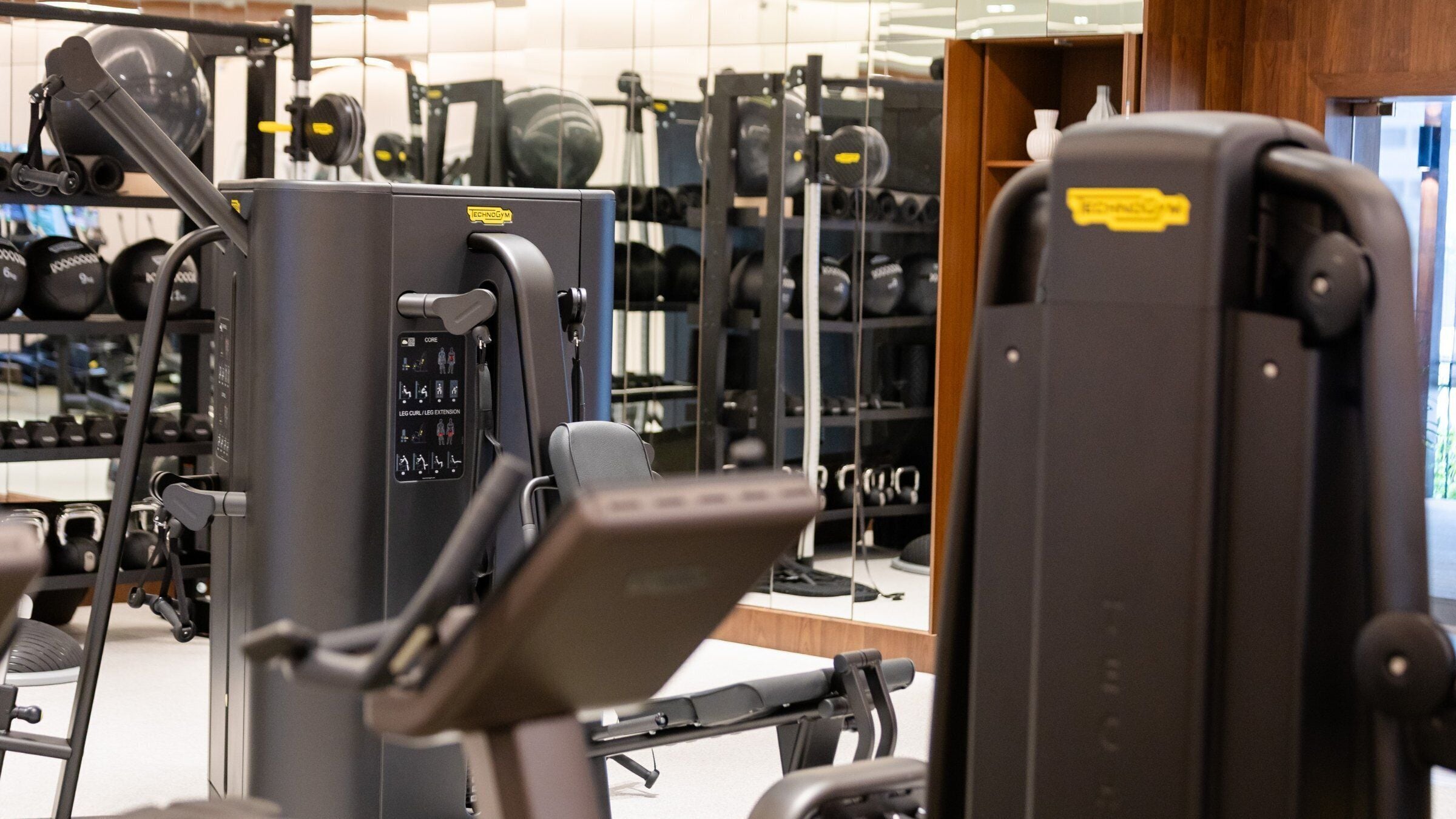 A gym with various exercise machines, including a leg press and a chest press machine.