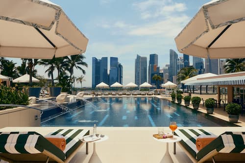 Outdoor pool, pool umbrellas, pool loungers