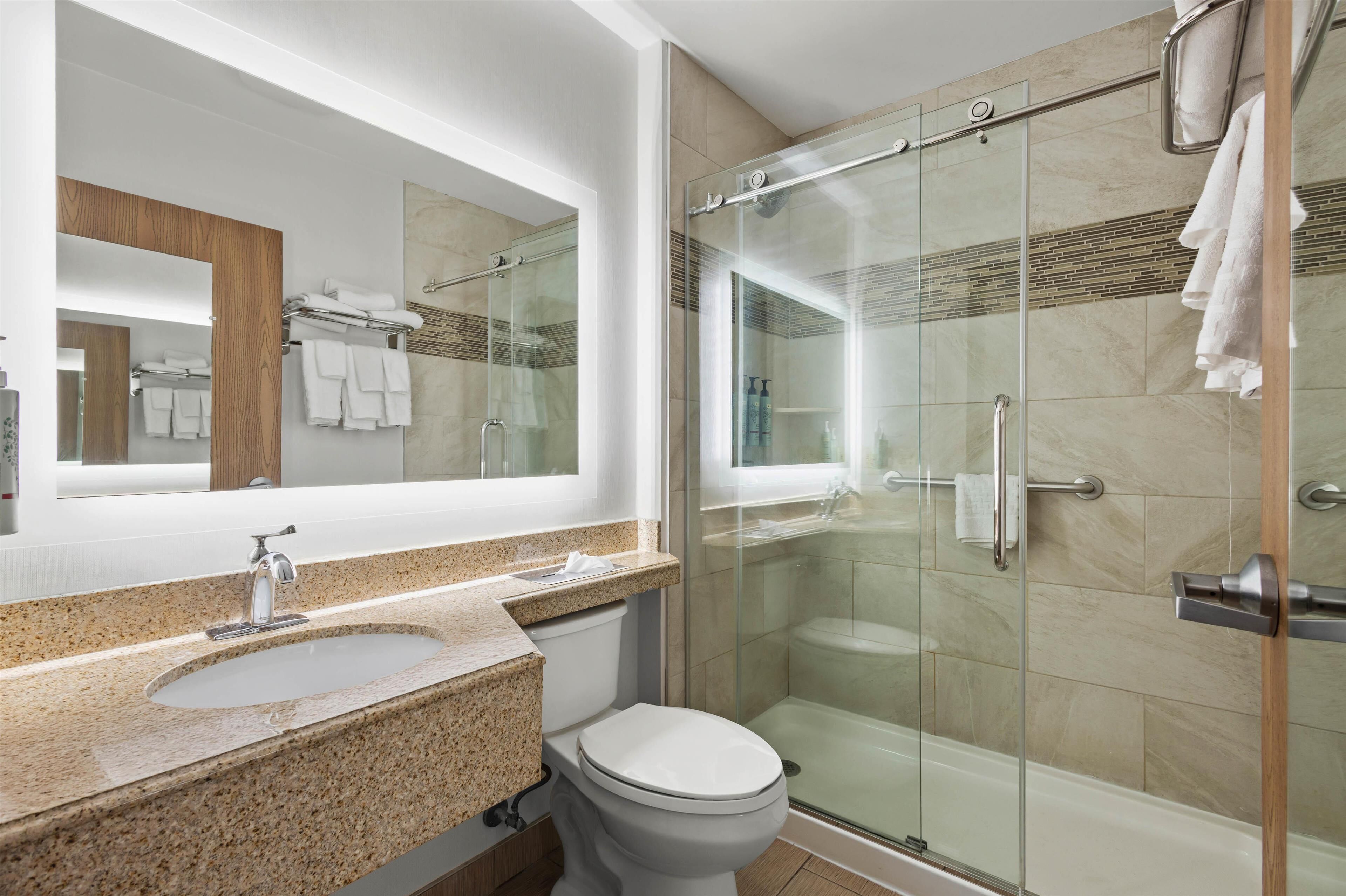 Shower, free toiletries, hair dryer, towels