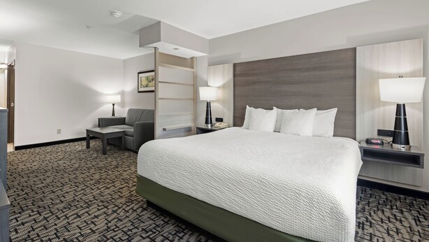 A hotel room with a large bed, a desk with a chair, a sofa, and a nightstand with a lamp. - Best Western Crown Inn & Suites (Batavia)