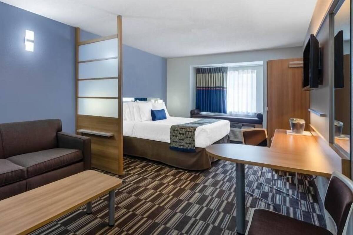 A hotel room with a sofa, a bed, a desk, and a TV.