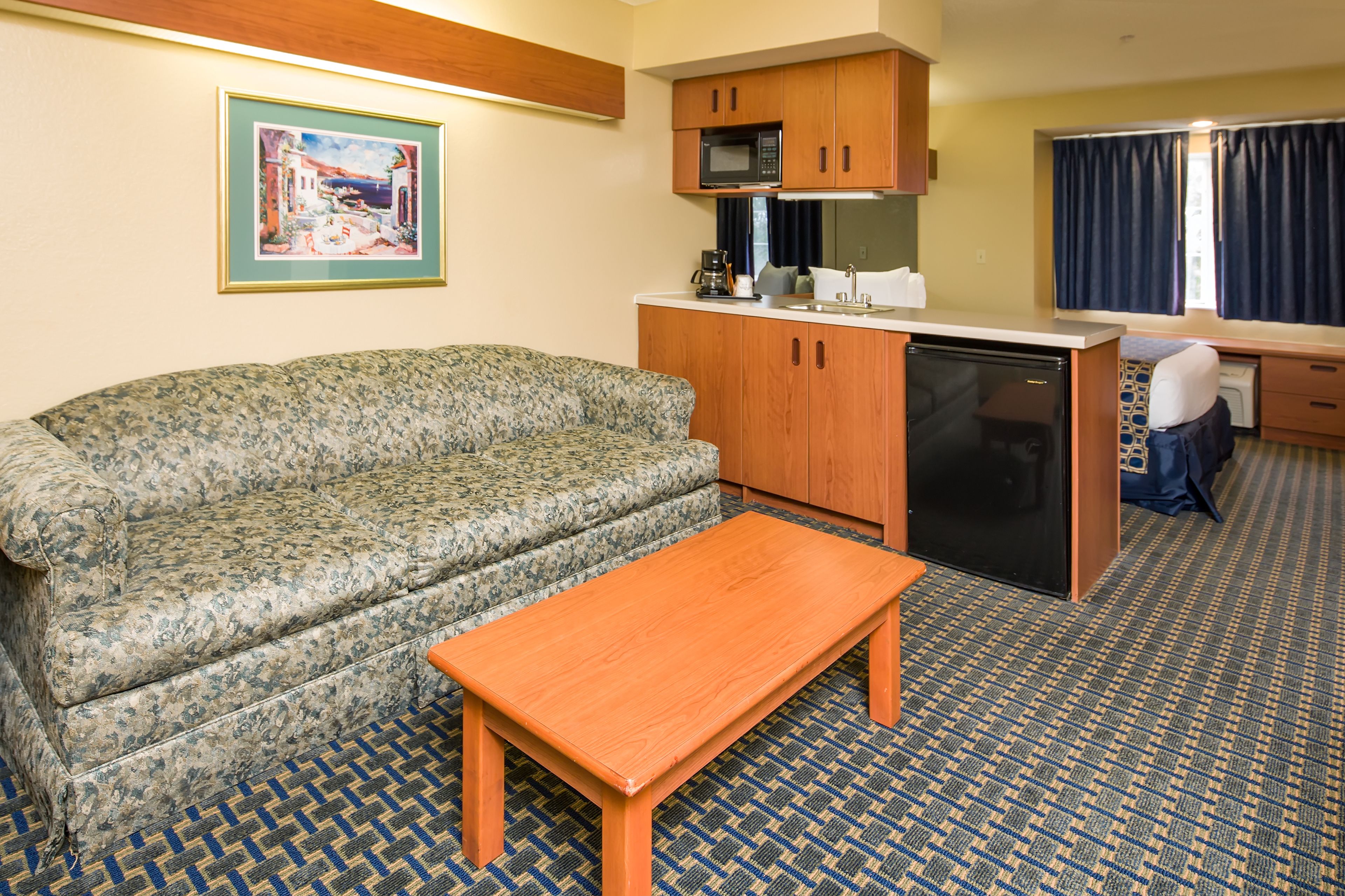 A compact living space with a sofa, a small wooden table, a kitchenette with a microwave, and a dishwasher.