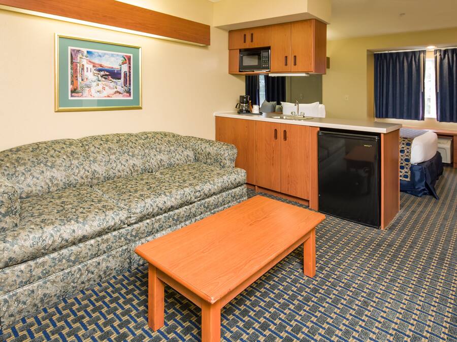 A compact living space with a sofa, a small wooden table, a kitchenette with a microwave, and a dishwasher.