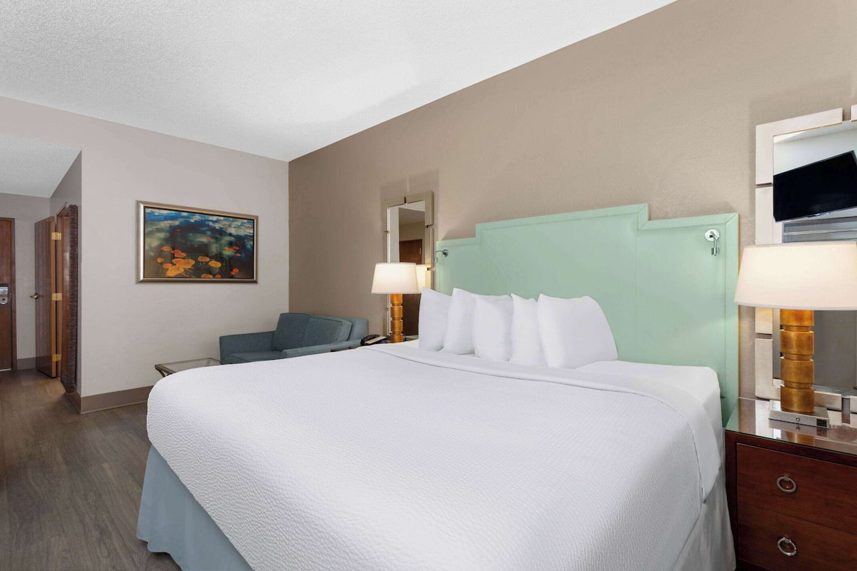 A hotel room with a large bed, a desk with a lamp, a chair, a painting on the wall, and a television on the dresser.
