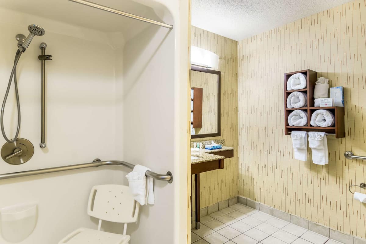 A bathroom with a shower, toilet, and sink.