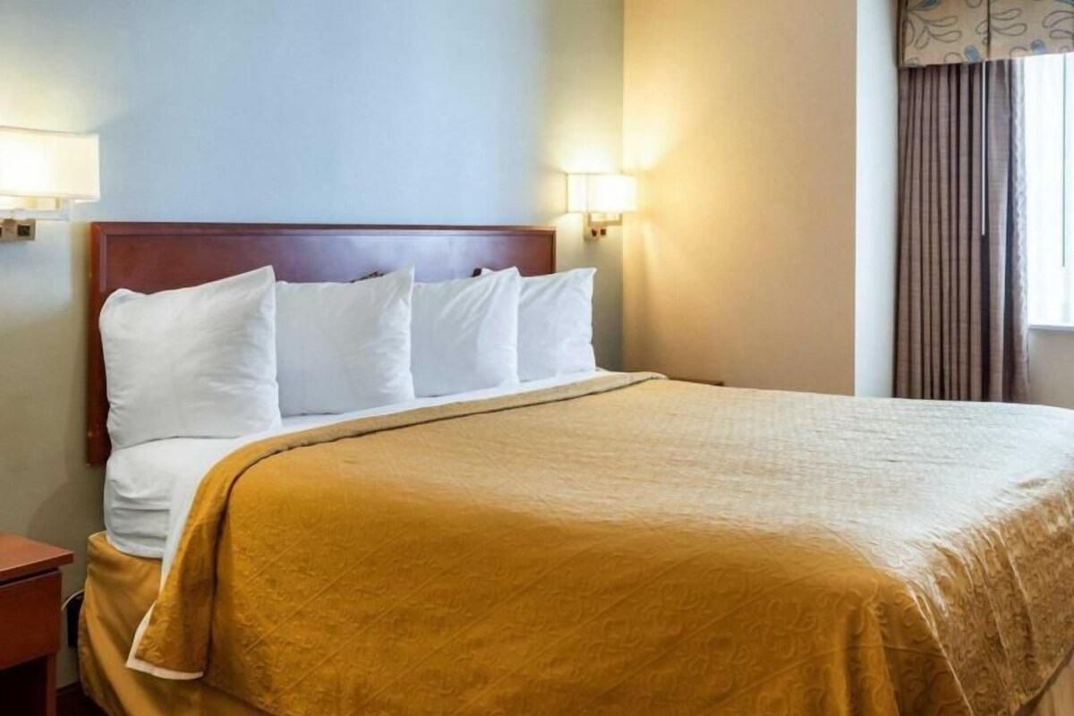 A hotel room with a bed, a nightstand, a lamp, and a window with curtains.