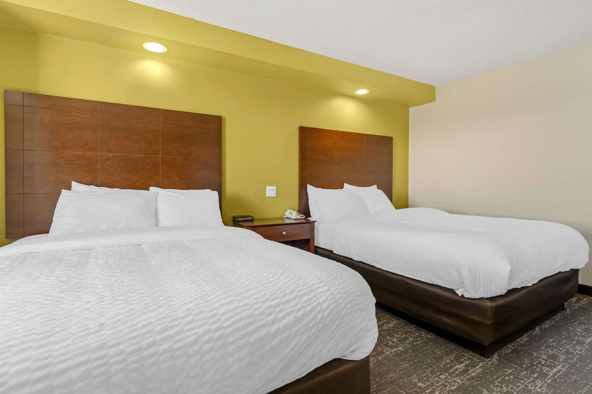 Two double beds with wooden headboards, a bedside table with a phone, and a light-colored carpet.