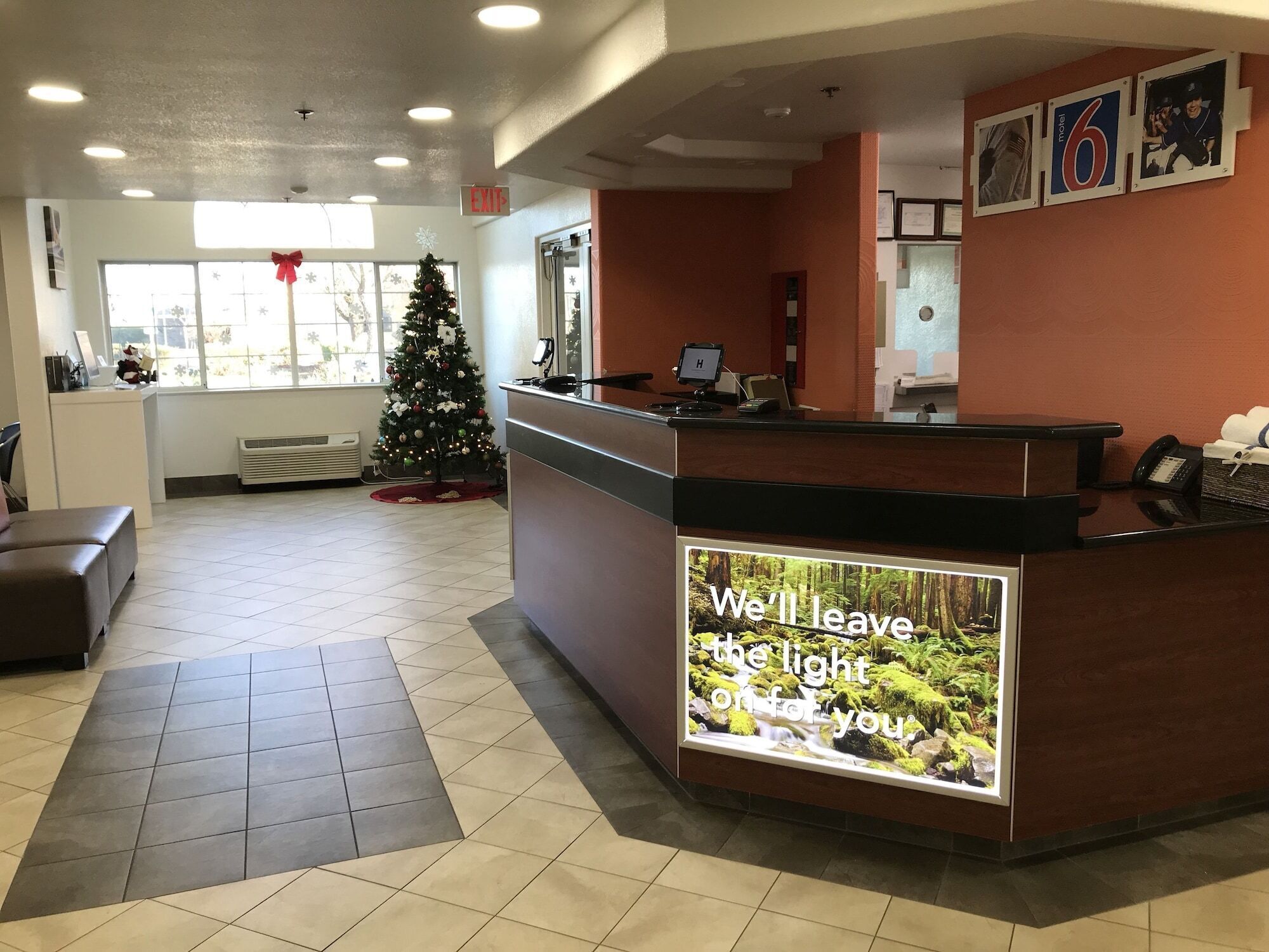 Un hall d’hôtel décoré pour Noël, avec un sapin, un comptoir d’accueil et une grande fenêtre laissant entrer la lumière naturelle.