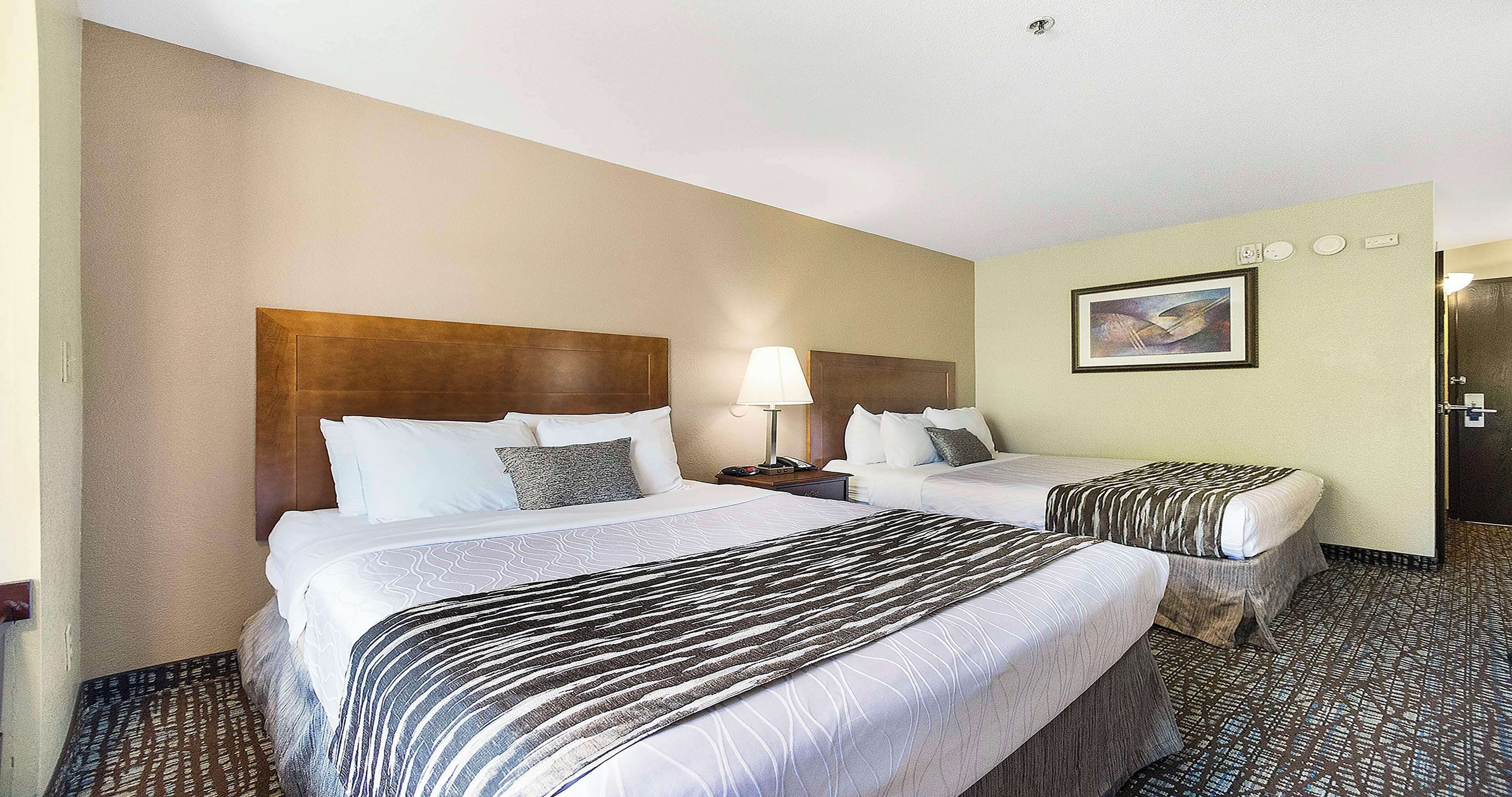A hotel room with two beds, a headboard, a bedside table with a lamp, a wall-mounted painting, and a carpeted floor.