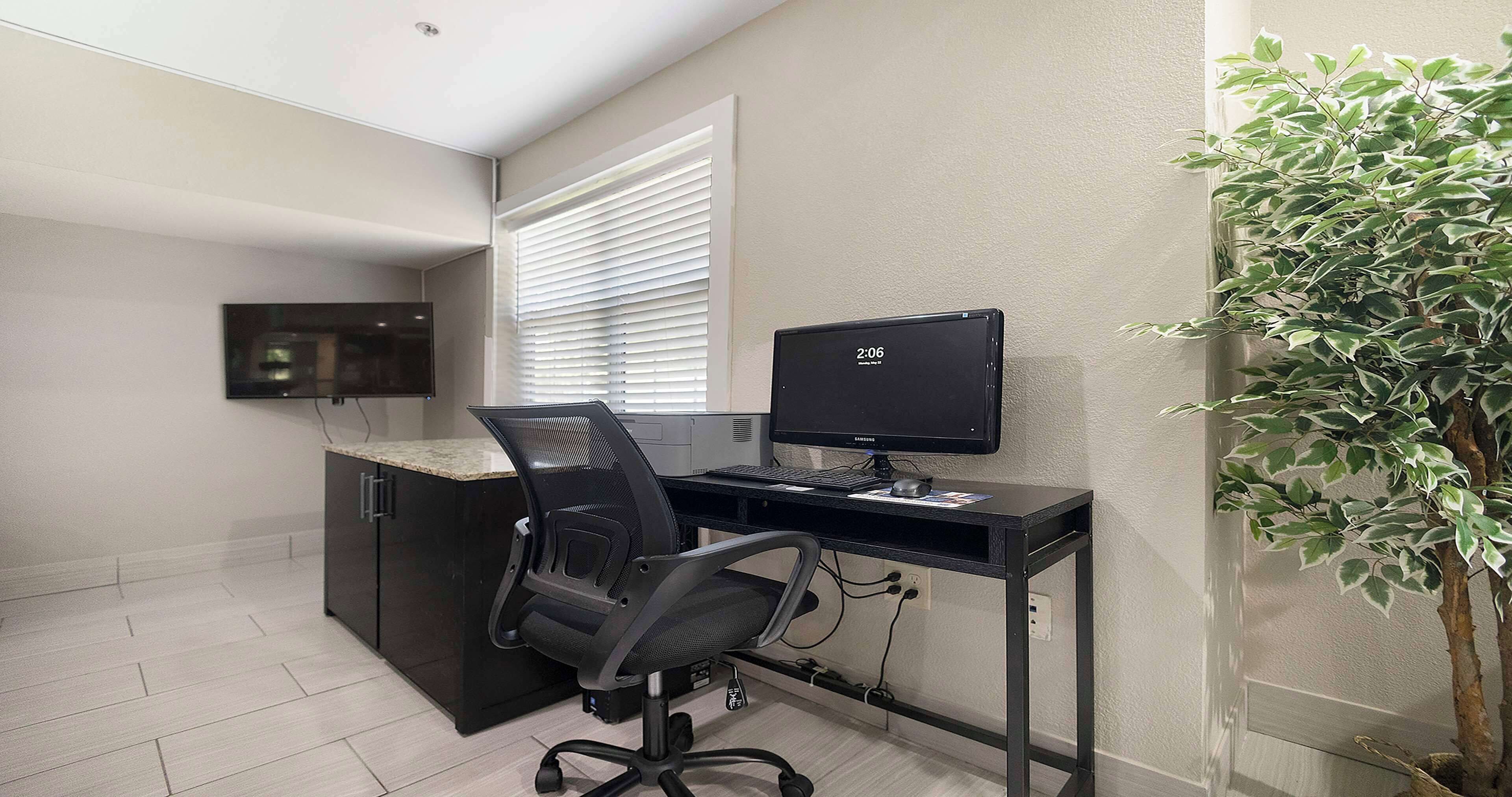 A modern office space with a desk, computer, chair, and a potted plant.